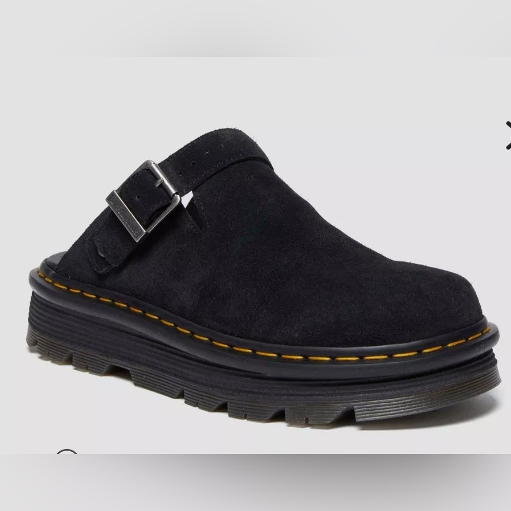 Dr. Martens Black Suede Buckle Clog with Yellow Stitching